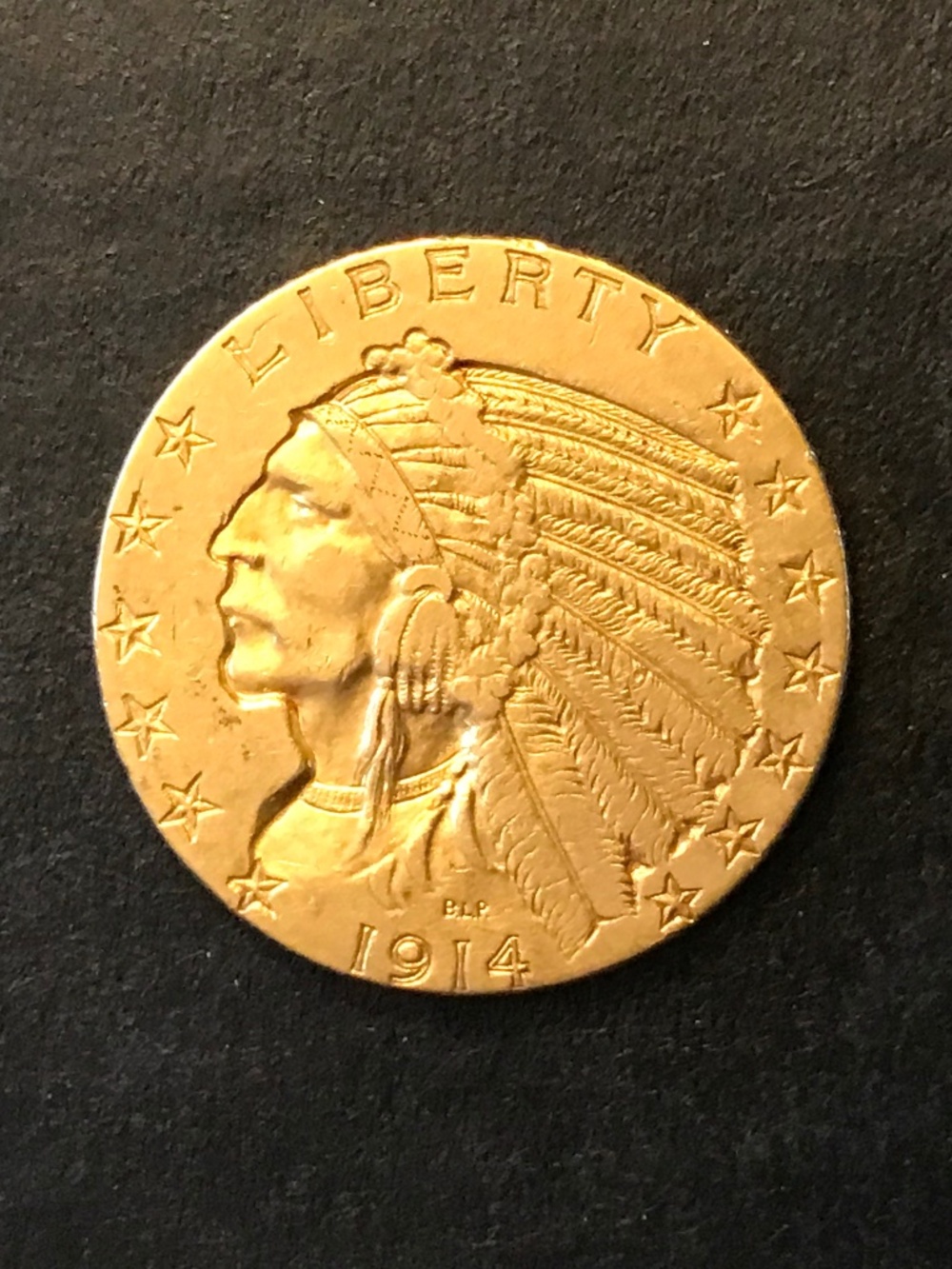 1914 P Gold US Indian Head Half Eagle $5 Coin, Pristine, Extra Fine, 90% Gold